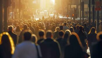 multitud de personas caminando ocupado ciudad calle retroiluminado generativo ai foto
