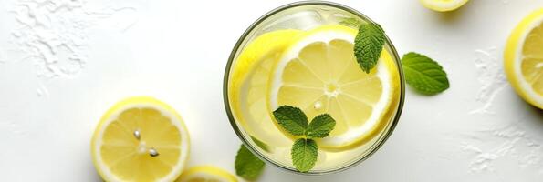 Lemonade in a glass with fresh lemons and mint. Cold summer drink with copy space. Generative AI photo