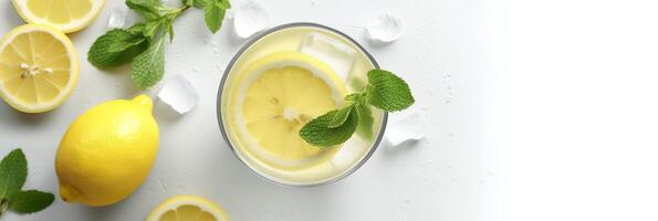 Lemonade in a glass with fresh lemons and mint. Cold summer drink with copy space. Generative AI photo