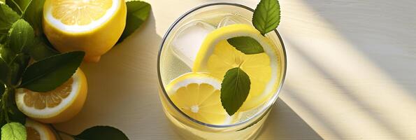 Lemonade in a glass with fresh lemons and mint. Cold summer drink with copy space. Generative AI photo