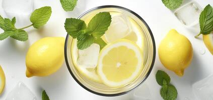 Lemonade in a glass with fresh lemons and mint. Cold summer drink with copy space. Generative AI photo