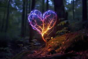 brillante bioluminiscente planta conformado me gusta un humano corazón, en un misterioso bosque. generativo ai foto