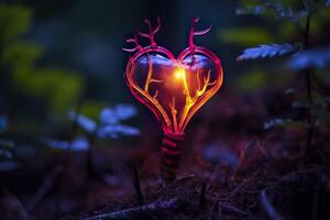 brillante bioluminiscente planta conformado me gusta un humano corazón, en un misterioso bosque. generativo ai foto