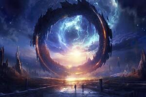 Portal to another world. Futuristic cosmic landscape with circle tunnel in starry sky. Gate in space futuristic background with galaxy and nebula. Created with Generative AI photo