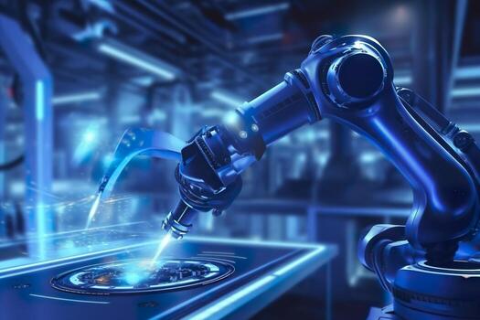 Arm robot working with Screen monitor control industrial machine robot arm line. Generative AI photo