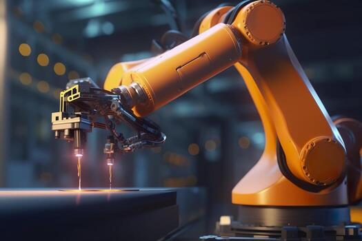 Arm robot working with Screen monitor control industrial machine robot arm line. Generative AI photo