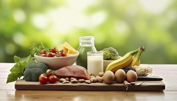 Closeup of vegetables, fruits, and meat on wooden table over green natural background. Generative AI photo