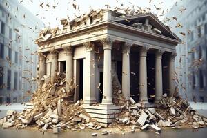 Bank collapse. A bank or financial institution, going down failing or collapsing. Generative AI photo