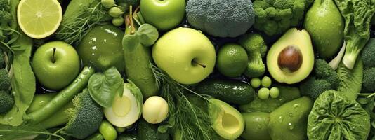 Banner layout of green fruits and vegetables. Generative AI. photo