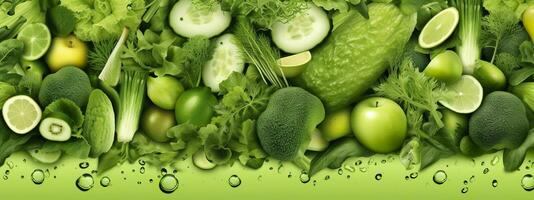 Banner layout of green fruits and vegetables. Generative AI. photo