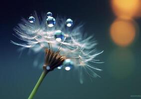 Beautiful dew drops on a dandelion seed macro. Beautiful blue background. Generative AI photo