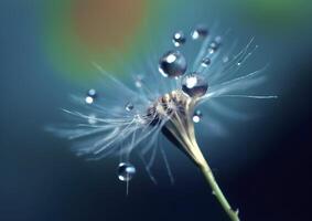 Beautiful dew drops on a dandelion seed macro. Beautiful blue background. Generative AI photo