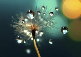 Beautiful dew drops on a dandelion seed macro. Beautiful blue background. Generative AI photo