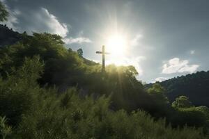 The cross of God with green Leaf, in the rays of the sun and blue sky. Cross on the hill with green trees and graeen natural view. Religious concept, AI Generative photo