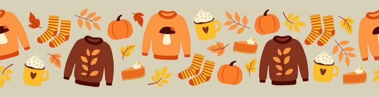 Seamless border with cute autumn elements. Colorful objects on grey background. Cartoon flat style vector