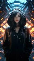 Young girl wearing black hoodie with cyberpunk style. Generative AI photo