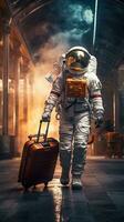 Astronauts travel with luggage. Generative AI photo