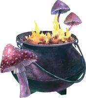 Watercolor Witch Cauldron with Fly agaric and toxic mushrooms. Hand painted illustration of Caldron with fire for Halloween clip art. Isolated vector sketch on white background