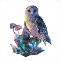 Watercolor composition owl is sitting on semiprecious of blue and purple crystals and fantasy toxic Halloween mushrooms. Hand drawn illustration isolated on white background. vector