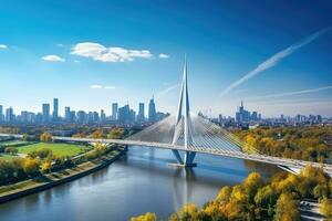 Aerial view of the bridge over the Dnieper river in Kiev, Ukraine, aerial drone view to cable-stayed Siekierkowski Bridge over the Vistula river and Warsaw City skyscrapers, AI Generated photo