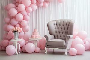 hermosa rosado globos, pastel y silla en el interior de el habitación, hermosa decoración Sillón y globos para un bebé ducha fiesta, ai generado foto