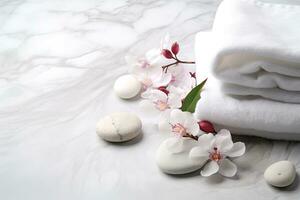 Beautiful spa composition with flowers and towelsle background, closeup, Beautiful composition with spa stones on white marble table, AI Generated photo