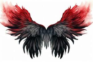 rojo y negro alas de un águila aislado en un blanco antecedentes. hermosa magia rojo negro alas dibujado con acuarela efecto, ai generado foto