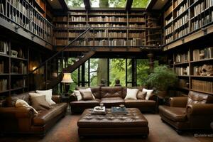 lujo vivo habitación interior con cuero sofá, estante para libros y biblioteca, hermosa hogar biblioteca, ai generado foto
