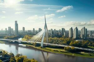 Aerial view of the bridge over the river in the city. aerial drone view to cable-stayed Siekierkowski Bridge over the Vistula river and Warsaw City skyscrapers, AI Generated photo