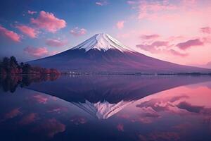 Fuji Mountain and Lake Kawaguchiko at sunset, Japan. Beautiful scenic landscape of mountain Fuji or Fujisan with reflection on Shoji lake at dawn with twilight sky, Japan, AI Generated photo