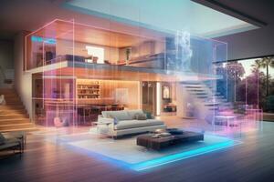 3d rendering of a modern living room with a wooden floor. Beautiful modern house interior with digital hologram effect overlay, AI Generated photo