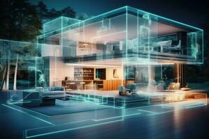 3d rendering of modern cozy living room with tv and dining area, Beautiful modern house interior with digital hologram effect overlay, AI Generated photo