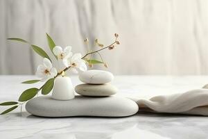 Spa still life with zen stones, flowers and towelle table, Beautiful composition with spa stones on white marble table, AI Generated photo