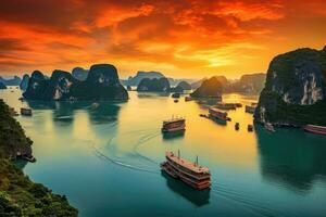 halong bahía a atardecer, Vietnam. panorámico vista. hermosa paisaje halong bahía ver desde adobe el bo cariño isla, ai generado foto