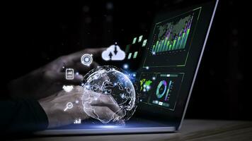 Businessman holding a virtual screen world with virtual Global Internet connection. Digital marketing and global internet connection application technology, Digital link tech,Financial daily life. photo