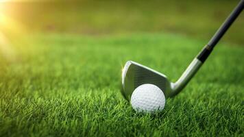 Golf ball close up on tee grass on blurred beautiful landscape of golf background. Concept international sport that rely on precision skills for health relaxation. photo