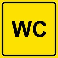 Sign indicating a separate toilet for one visitor, emblem of water closet with letters WC on yellow background. vector