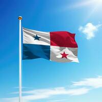 Waving flag of Panama on flagpole with sky background. photo