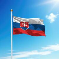 Waving flag of Slovakia on flagpole with sky background. photo