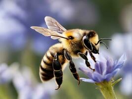 Flying honey bee collecting pollen at flower. AI Generated photo