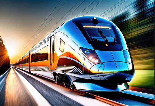 photo of high speed modern commuter train, motion blur AI Generated