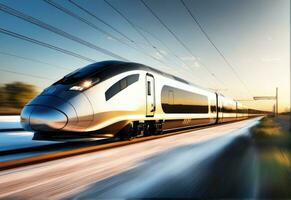 photo of high speed modern commuter train, motion blur AI Generated
