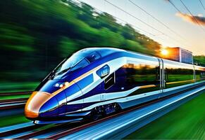 photo of high speed modern commuter train, motion blur AI Generated