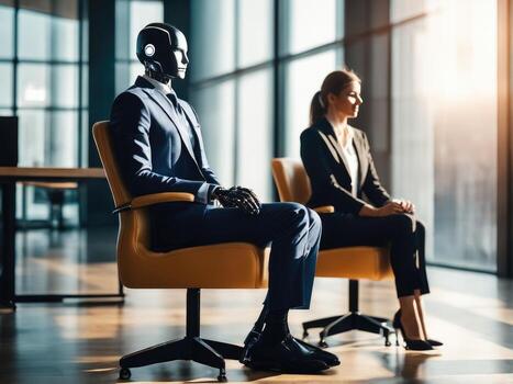 AI robot waiting for a job interview. Modern technologies, robot versus human AI Generated photo