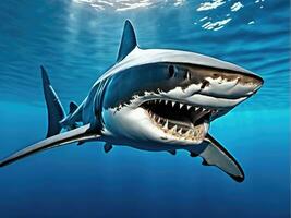 Ocean shark bottom view from below. Open toothy dangerous mouth AI Generated photo