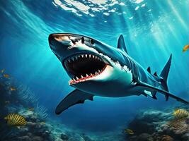 Ocean shark bottom view from below. Open toothy dangerous mouth AI Generated photo