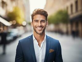 Young happy smiling business man, standing outdoor on street AI Generated photo