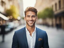 joven contento sonriente negocio hombre, en pie al aire libre en calle ai generado foto