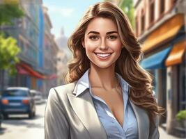 Young happy smiling business woman, standing outdoor on street AI Generated photo