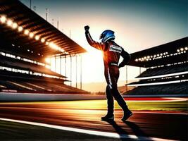 carrera coche conductor celebrando el ganar en un carrera en contra brillante estadio luces ai generado foto